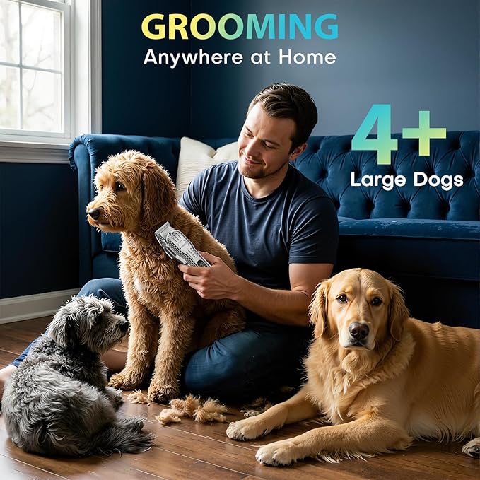 Dog Clippers for Grooming Thick Hair, Upgrade Low Noise Pet Shaver with 8 Size Detachable Combs for Heavy Curly Hair, Rechargeable Metal Blade Clipper Grooming Kit for Dogs Animals (Silvery)