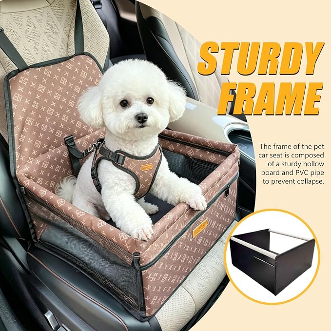 Pet Dog Booster Seat, Upgrading the Framed wall to Prevent Collapse，Breathable and Foldable Pet Car Basket，Removable andWashable pet car seat (Brown)