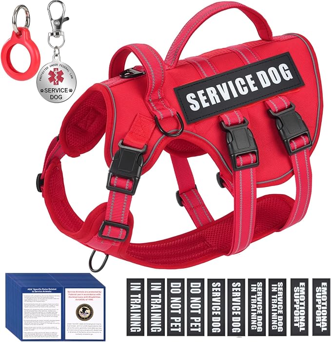 Service Dog Harness + ID Tag 50 ADA Information Cards - No Pull Dog Vest 10 PCS Removable Patches - Reflective Emotional Support Animal Vest for Medium Dogs - Adjustable Breathable ESA Training Vest
