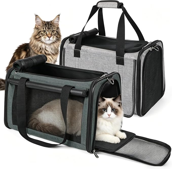 YUDODO 2 Packs 25 lbs Lightproof Soft Sided Pet Carrier for Large Cat & Small Dog Airline Approved Travel Puppy Carriers with Side Pockets & Reflective Mesh, Foldable Portable for Car Grey Green+Grey