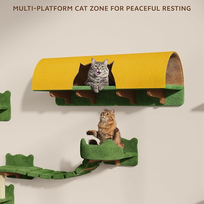 Cat Wall Furniture, 26 in 1 Cat Shelves w/Cat Tree, Tunnel, Green | Wall Mounted Cats Furniture Set w/Plush Fabric, Cat Climbing Systems for 16 Inch Drywall, with Scratching Posts, Bridge, Moon