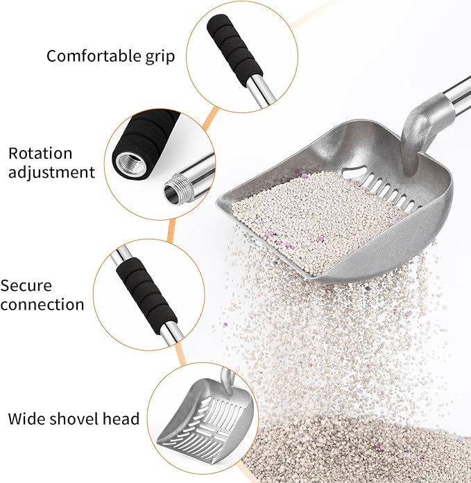 Yangbaga Metal Cat Litter Scoop: Detachable Long Handle Litter Scooper | Heavy Duty Stainless Steel Pooper Scooper w/Deep Shovel-Non Stick Sifter w/Foam Padded Grip-No Bending w/Storage Hook