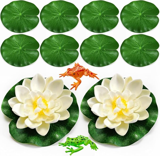 12PCS Artificial Floating Lily Pads Set, 8 Realistic Lily Pads, 2 Lotus Flowers & 2 Floating Frogs, Pond Pool Fountain Water Feature Decorations