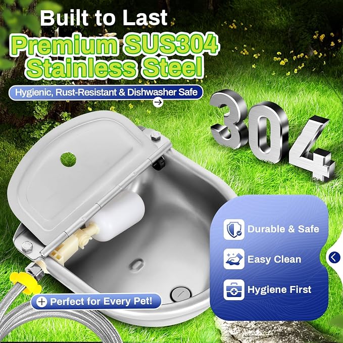 Automatic Animal Drinking Water Bowl with Float Valve, Extended Pipe & Drain Hole,3L Stainless Steel Waterer Feeder Farm Dog Dispenser Kit Self Filling for Livestock Horse Goat Water Trough