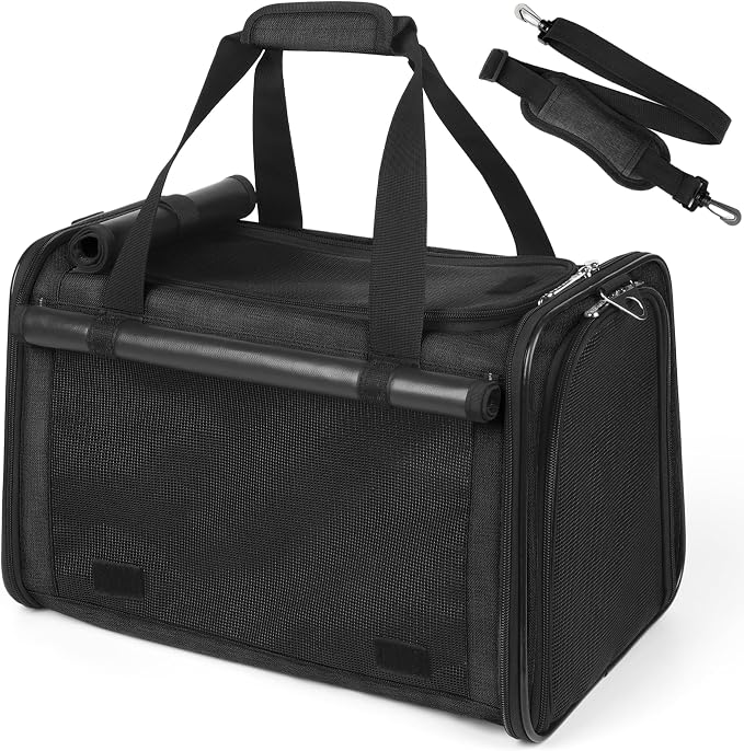 YUDODO 25 lbs Lightproof Soft Sided Large Cat Carrier for Small Pet Dog Airline Approved Travel Bag Puppy Carriers with Side Pockets & Reflective Mesh, Foldable Portable for Outdoor Car Black