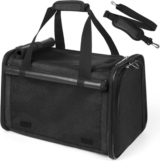 YUDODO 25 lbs Lightproof Soft Sided Large Cat Carrier for Small Pet Dog Airline Approved Travel Bag Puppy Carriers with Side Pockets & Reflective Mesh, Foldable Portable for Outdoor Car Black
