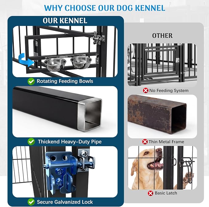 Redlife 10x10 FT Heavy-Duty Outdoor Dog Kennel with Roof | 84" Tall Steel Tube Dog Cage, 360° Rotating Feeding Bowls, Double Door Design, Waterproof Cover, Large Backyard Dog Enclosure
