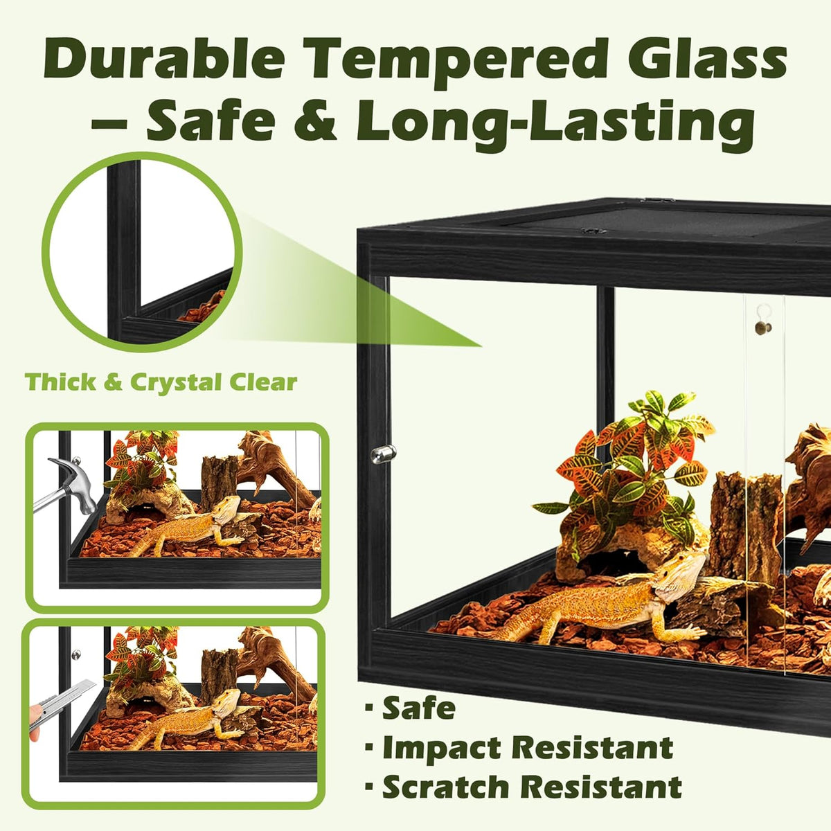 Prolee Tempered Glass Bearded Dragon Tank,Reptile Encloure and Snake Tank with Metal Mesh Roof Door,Locking Design Reptile Tank for Lizard,Gecko,Chameleon (Black, 28 Gallon (24x16x16 Inch))