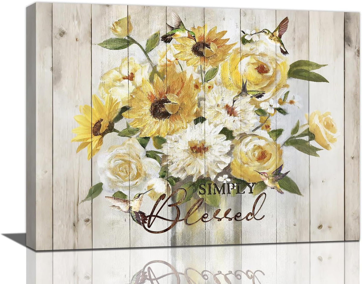 Sunflower Bathroom Pictures Wall Art, Simple Blessed Floral Bathroom Wall Decor, Flower Framed Painting Canvas Artwork for Bedroom Living Room Decorations 16"L x 12"W