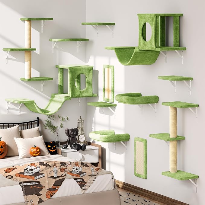 12-in-1 Cat Wall Shelves, Luxury Wall-Mounted Cat Climber Set with Condos House, Scratching Post, Bridge Ladder, Indoor Space-Saving Furniture for Kittens, Green