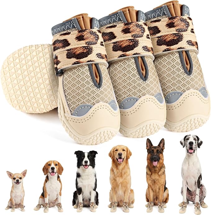 SlowTon Dog Shoes for Large Small Medium Dogs - Breathable Dog Boots for Summer Hot Pavement, Paw Protector for Outdoor Walking Winter Snow, Anti-Slip Rubber Dog Booties for Hardwood Floor (LP BG, 4)