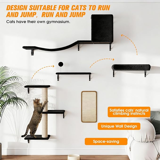 5 Pcs Wall-Mounted Climber Set, Wood Indoor with Shelves and Perches, Ladder, Condo House, Scratching Board and Tree, Wall Shelves Furniture for Cats (Black)