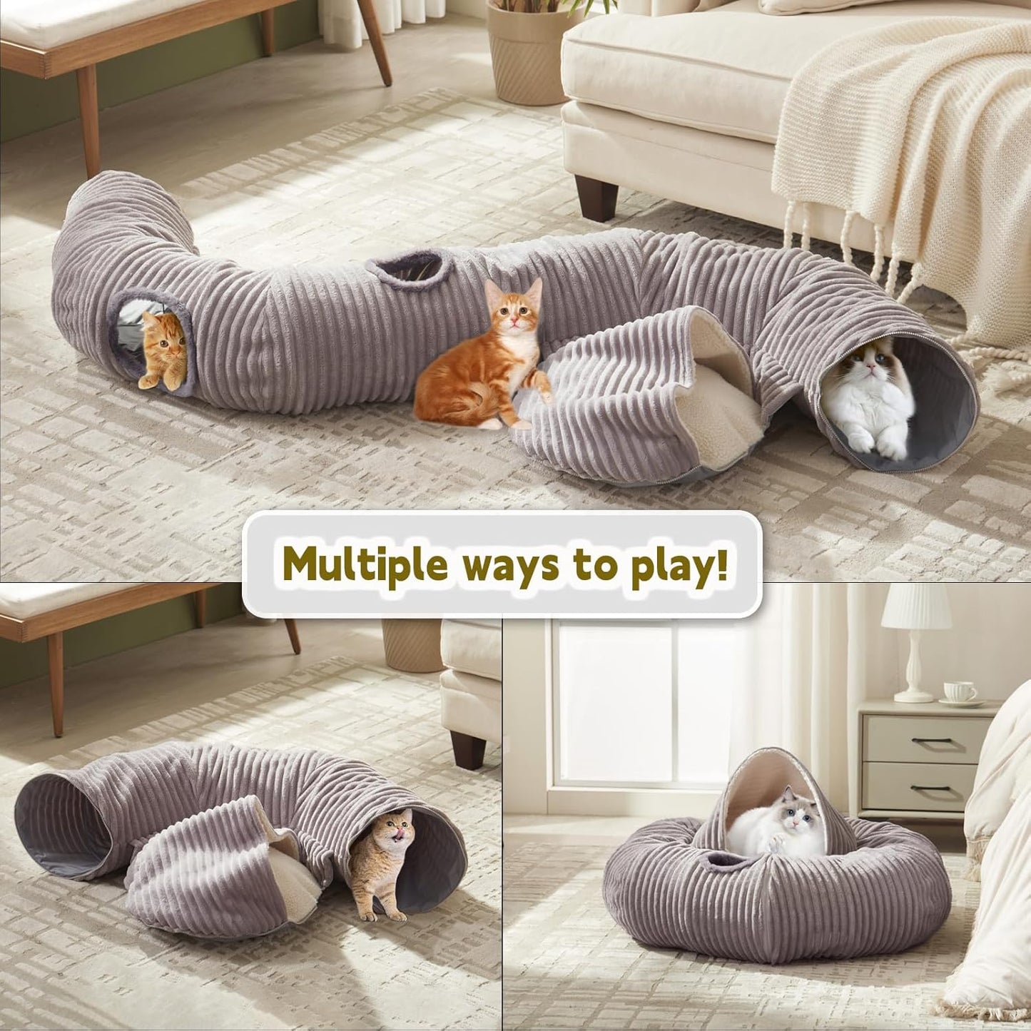 Cat Tunnel Bed for Indoor Cats,Cat Donut Tunnel Toy with Washable Circle Cushion,Blackout Tent, Multifunctional Playground Toys Hideplace for Kitty, Kitten, Rabbit,Ferret