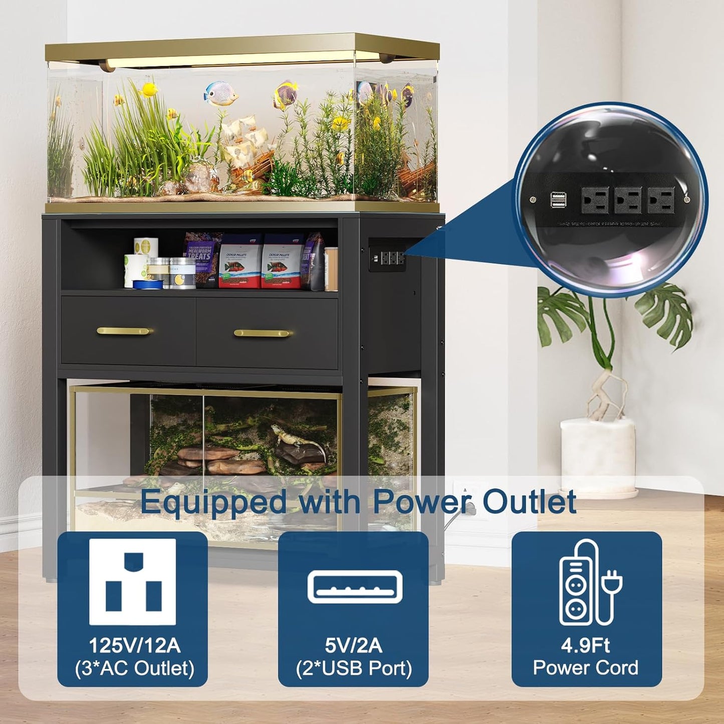 20-29 Gallon Aquarium Stand with Power Outlet & 2 Storage Drawers, Heavy Duty Metal Frame Fish Tank Stand with Waterproof Mat, 30.7" L*15.7" W Tabletop, 550LBS Capacity, Black