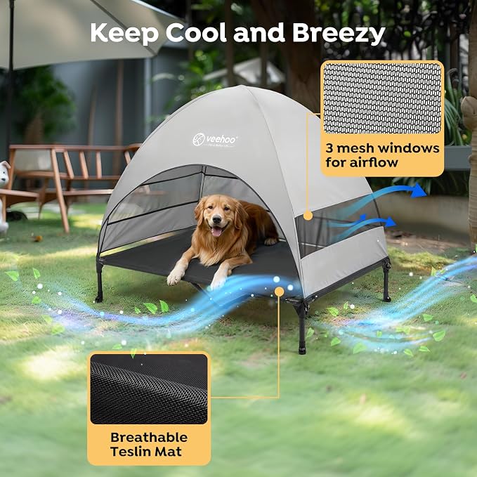Veehoo Outdoor Dog Bed with Canopy, Cooling Elevated Dog Shade for Outside | Portable Raised Dog Cot with Removable Shade, Sun Protection Dog Tent Outdoor for Camping, Beach, 49" x 43.5", Black