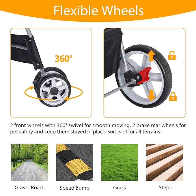 Pet Stroller for Dogs, Black 4 Wheels Cat Strolling Cart Foldable Travel Carrier, Waterproof Puppy Jogger Stroller with Storage Basket & Cup Holder