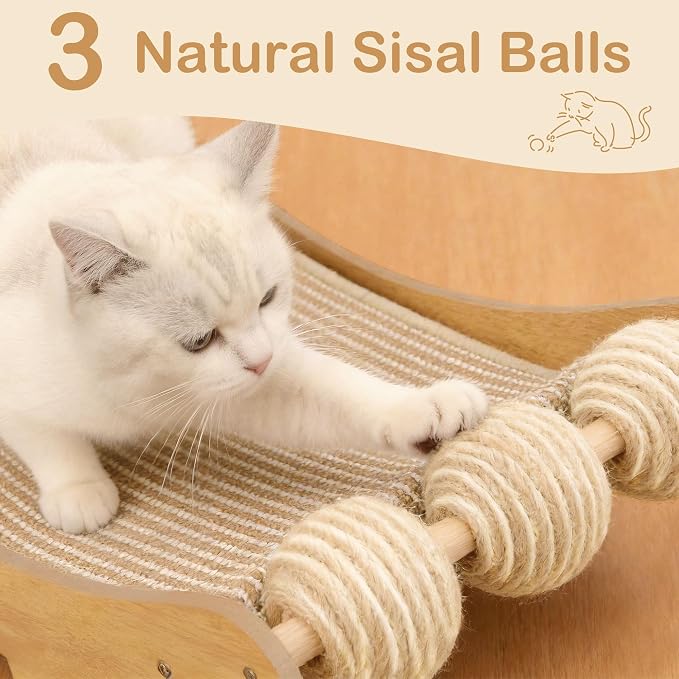 DWCN 3-in-1 Large Cat Scratcher Bed Hammock Lounge Scratching Post Scratch Pad with 3 Natural Sisal Balls - Furniture Protector Gift for Indoor Cats
