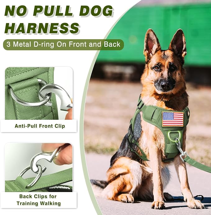 Service Dog in Training Vest and Leash Set+10 Patches,Escape Proof | Heavy Duty Tactical Dog Harness with Metal Buckles for Medium Sized Dogs,No Pull Front Back Clips,for Training Hiking,Green M
