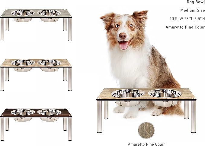 Raised Pet Bowls for Cats and Dogs, Outdoor Elevated Dog Cat Food and Water Bowls Stand Feeder on Aluminum Legs with 2 Stainless Steel Bowls Sizes for Small Medium and Large Dogs. - Medium (Amaretto)
