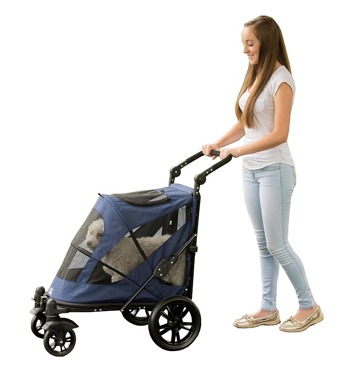 Pet Gear NO-Zip Pet Stroller with Dual Entry, Push Button Zipperless Entry for Single or Multiple Dogs/Cats, Pet Can Easily Walk in/Out, Gel-Filled Tires, Navy, Excursion