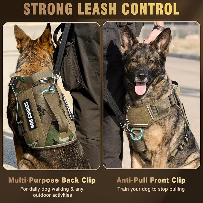 2X Metal Buckle Service Working MOLLE Dog Vest with 10 Pet Patches | Tactical Dog Harness for Large Dog, No-pull Military Working Vest for Training Hunting Walking，2x D Rings for Leash Clip