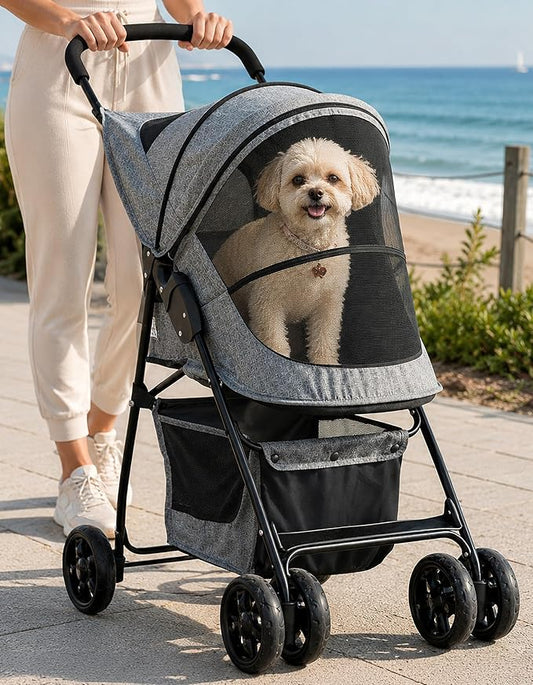 Pet Gear No-Zip Happy Trails Lite Pet Stroller, Sea Salt | Zipperless Entry, Easy Fold with Removable Liner, Safety Tether, Storage Basket + Cup Holder, For Cats/Dogs