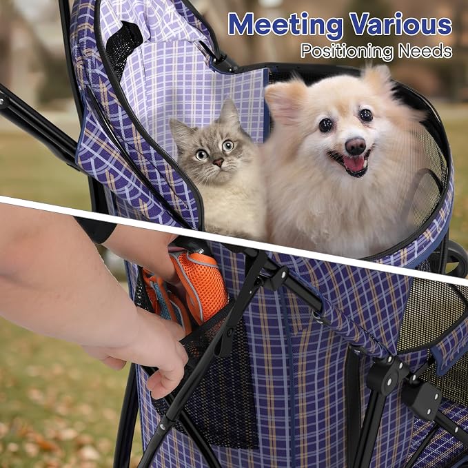 Dog Stroller for Small Dogs 10 lbs -22lbs Puppy Stroller Medium Dog Wagon Small Pet Stroller for Cats, Cat Strollers for 2 Cats, Rear Storage, Plaid