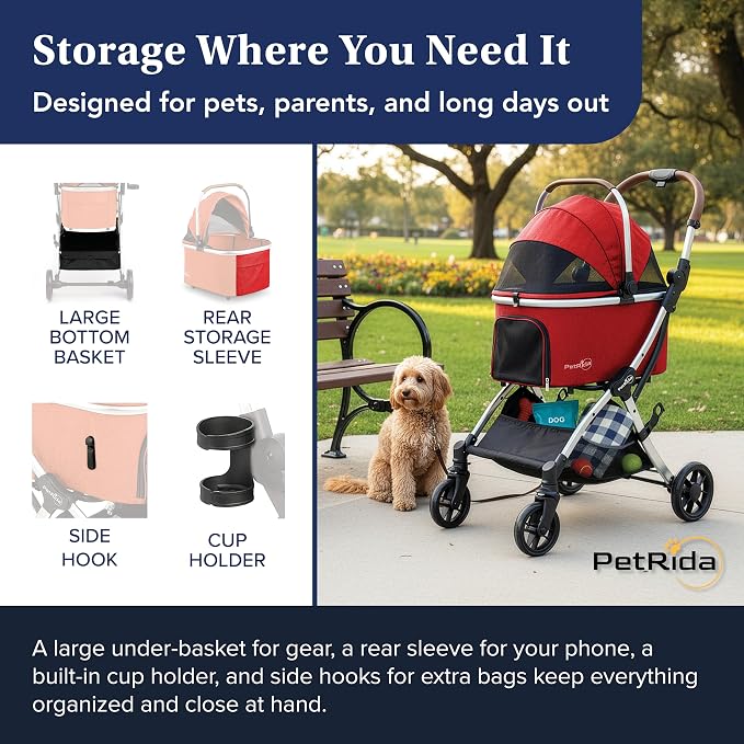 Luxury Pet Stroller with Detachable Carrier | Lightweight Design with Easy One-Hand Fold & Spacious Storage Basket | Safe & Comfortable Travel for a Small to Medium Dog or Cat, Red