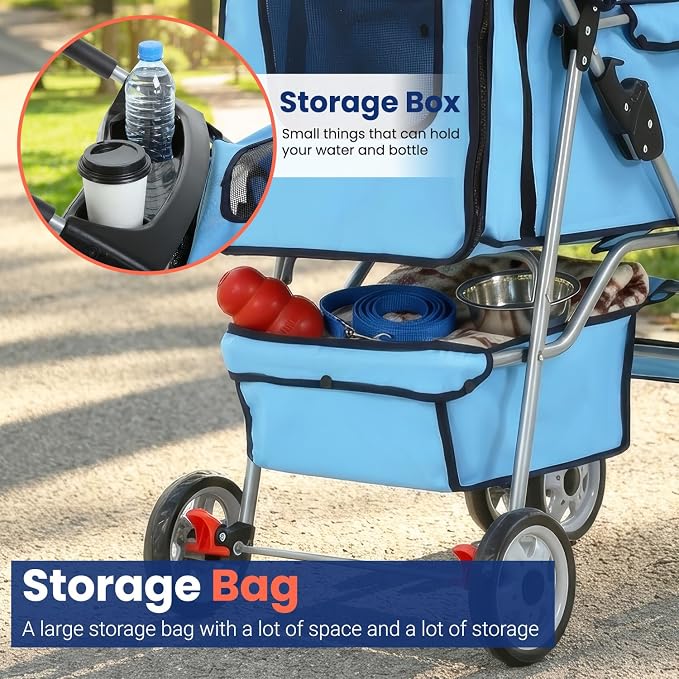 BestPet 4 Wheels Pet Stroller Cat Dog Cage Stroller Travel Folding Carrier 04T | Waterproof ,Storage Basket,Cup Holder & Removable Liner,Folding, Lightweight,Blue