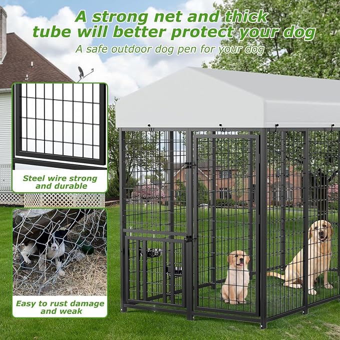 10 x 10 x 6.5 FT Outdoor Dog Kennel with Roof for Large Dogs | Large Dog Run with Rotating Feeder, 2 Stainless Steel Bowls and Double Latch Gate