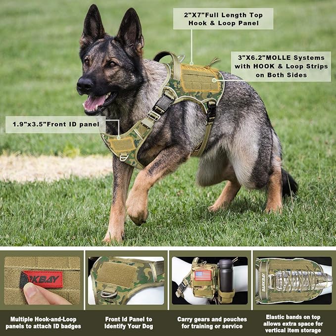 Tactical Dog Harness Large,Military Service Weighted Dog Vest Harness Working Dog MOLLE Vest with Loop Panels,No-Pull Training Harness with Leash Clips for Walking Hiking Hunting(Camo,XL)
