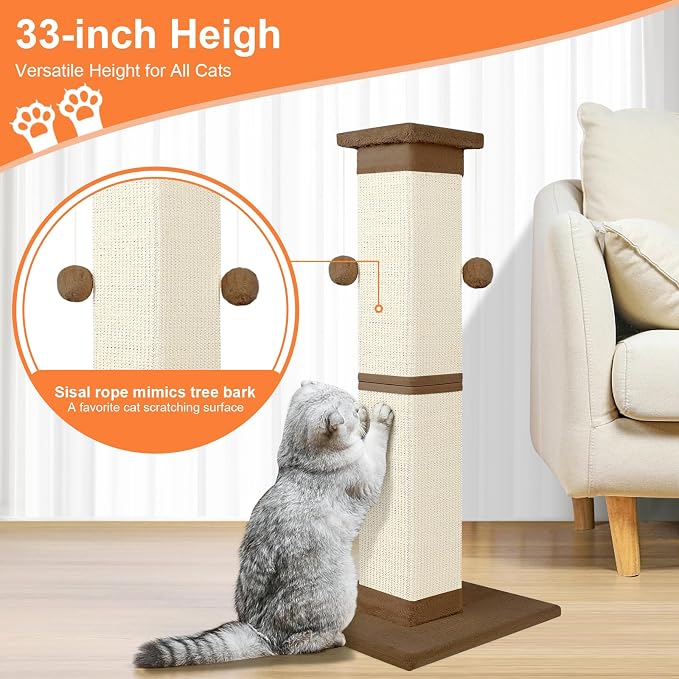 SOCATER Cat Scratching Post 33 Inch Nature Sisal Cat Scratch Post for Indoor Cats, Large Cat Scratcher Protect Your Furniture, for All Breeds Brown
