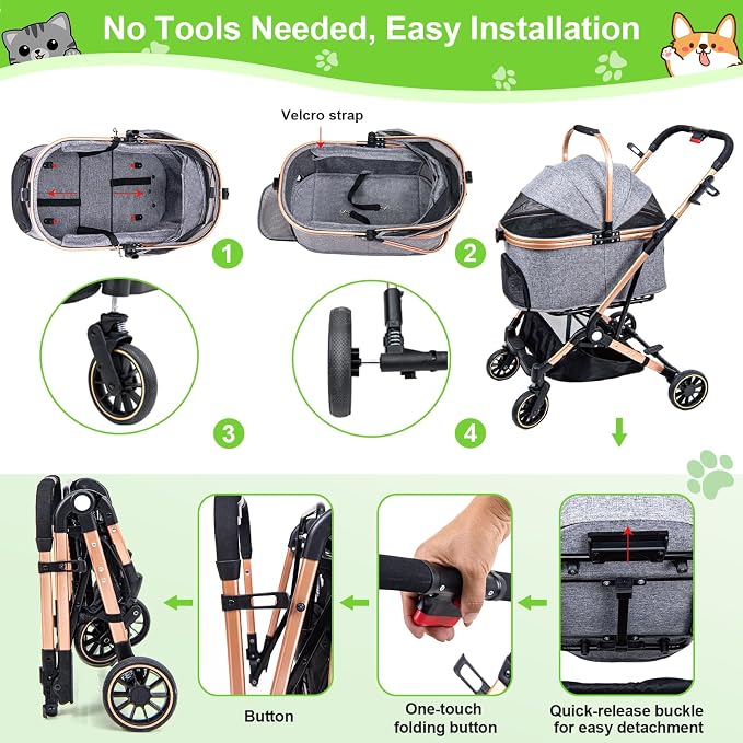 Dog Stroller for Max 45 lbs Dogs - 3 in 1 Pet Stroller with Detachable Storage Basket 4 All-Terrain Rubber Wheels Pull Rod Durable Travel Carrier for Medium Dogs 2 Small Cats (Grey)