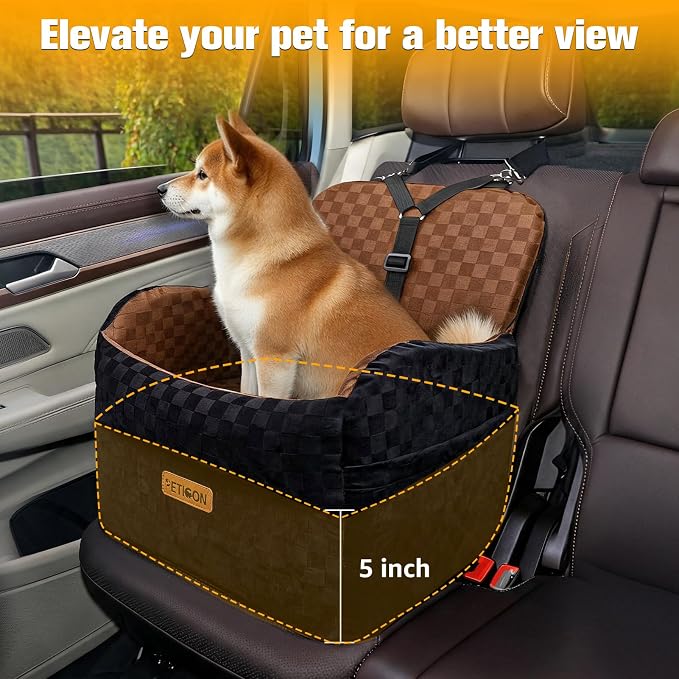 PETICON Waterproof Dog Car Seat for Small Medium Dogs, 5in Memory Foam | Pet Booster Seat for Dogs up to 35 lbs with Pockets, Detachable Washable Pet Carseat with Y-Shape Safety Belt