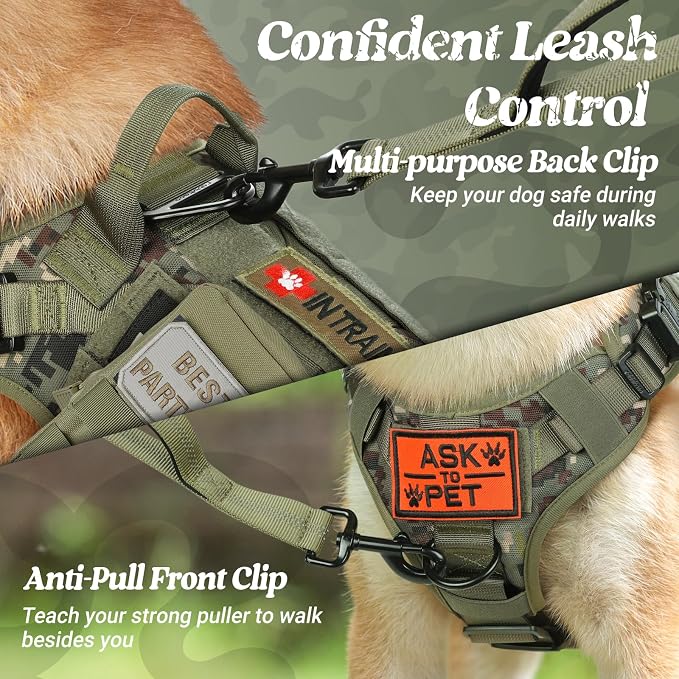 rabbitgoo Tactical Dog Harness X-Large, Heavy Duty Military No Pull Vest | Sturdy Metal Buckles, 5 Adjustments, Molle System, Powerful Pullers for Training, Hunting, Outdoor, Green Camo, X-Large