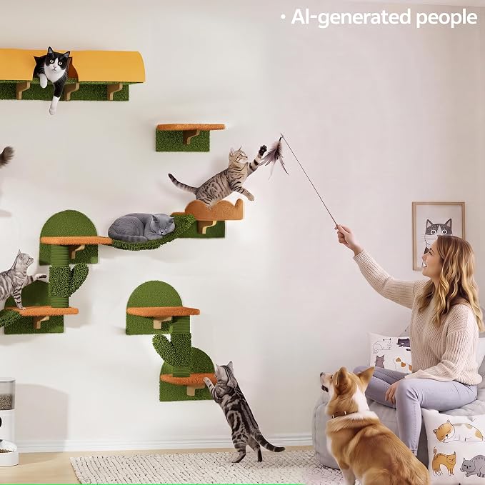 Cactus Cat Climbing Furniture Set with Floor to Ceiling Cat Tree | 5 Tier Cat Tower Adjustable Height (87-104in) and Wall Mounted Cat Shelves, with Cat Scratching Posts, Tunnel, Condo, Green