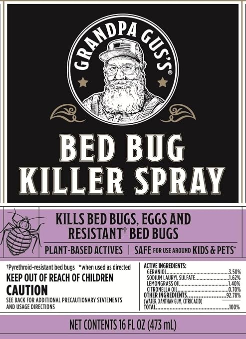 Grandpa Gus's Natural Bed Bug and Dust Mite Killer Spray, Plant-Based Home Treatment for Mattress and Bedding, Kills Eggs and Pyrethroid-Resistant Strains, 16 fl oz