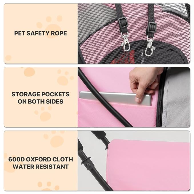 MoNiBloom Double Dog Stroller for Small and Medium Dog Cats, Pink/Gray | Pet Stroller with Detachable Carrier Bags Large 4 Wheels Foldable Jogger for Small and Medium Dog Cats