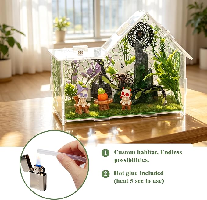 Acrylic Jumping Spider Enclosure Kit 23PCS with Decor | Gothic ornaments, plants, clear view, for mantis & tarantula