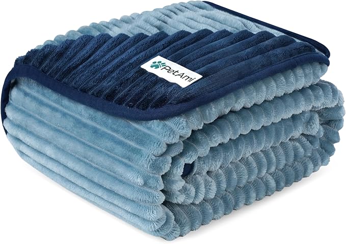 PetAmi Waterproof Dog Blanket, Leakproof Pet Blanket for Small Medium Large Dogs, Reversible Furniture Bed Sofa Couch Cover Protector, Plush Striped Pet Throw for Indoor Cat, 24x32 in, Navy Blue