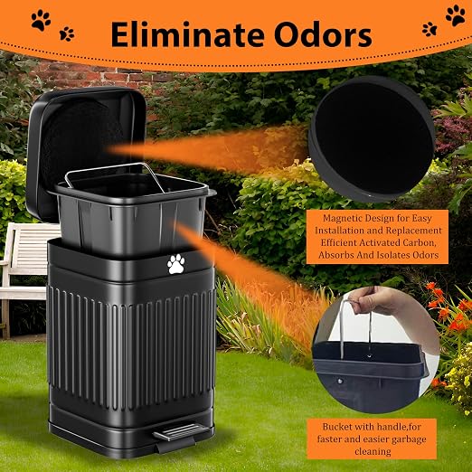 Dog Poop Trash Can Outside - 5L/1.3Gal Small Trash Can with Lid, Black | Outdoor Dog Poop Trash Can with 40 Bags, Pedal, Removable Inner Bin, Metal Dog Waste Trash Can with Soft Close, Odor Control