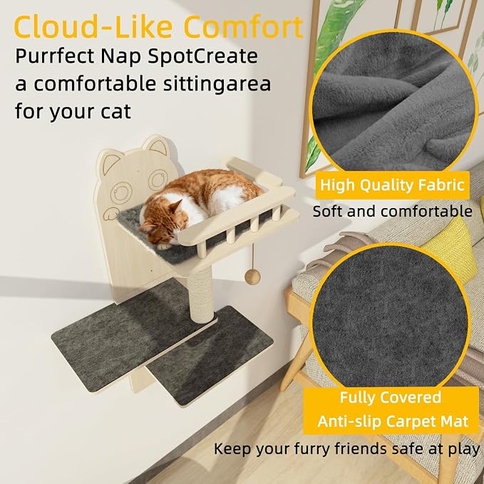 Cat Wall Shelves, 3 Platform Kitten Wall Furniture, DIY for Painting Cats Scratching Post with Sisal Scratching Post and Ball Toy