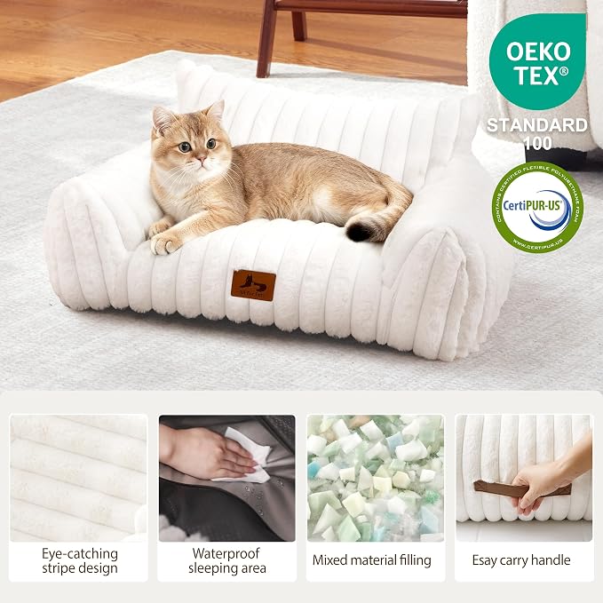 Cat Couch for Pets, Cute Cat Bed with Cozy Soft Faux Rabbit Fur for Kitten, Fuzzy Cats Sofa for Indoor Cats, Supportive Pet Sofa with Removable Washable Cover, Cream, 24"