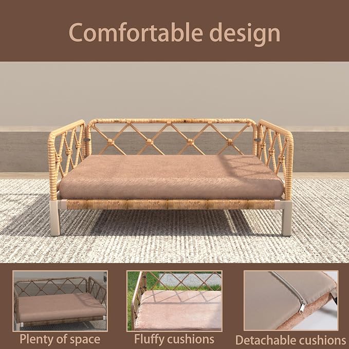 Elevated Waterproof Dog Beds with Egg Crate Foam Support Pet Bed, Outdoor Dog Sofa Bed PE Wicker Orthopedic Pet Couch Bed with Washable Removable Cushion for Medium, Small Dogs, Brown