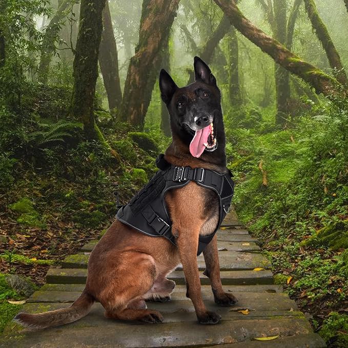 Tactical Dog Harness, Military Reflective Dog Harness | 2X Metal Buckle，Hidden Airtag Holder and Handle, Adjustable No-Pull Service Dog Vest with Molle & Loop Panels