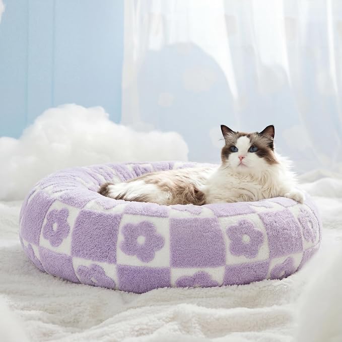 LE SURE Shown on TV Jacquard Donut Cat Beds Indoor,Flower Checks 20x20x6in | Orthopedic Calming Puppy Bed,Cute Original Design Pattern,Washable Cover, Home Decor as Gift for Pet ,Anti Slip Bottom