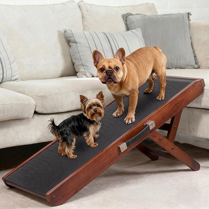 Dog Ramp for Couch – Non-Slip, Sturdy Build Foldable Wooden Dog Ramp – Supports up to 200 lbs – 7 Adjustable Heights (14"–20.5") – Enhanced Stability – Birchwood Pet Ramp for Small Dogs – Walnut