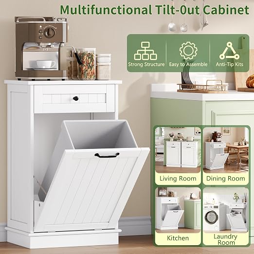10 Gallon Tilt Out Trash Can Cabinet with Drawer, Hidden Trash Can, White | Cabinet with Drawers for Kitchen, Bathroom and Laundry Room