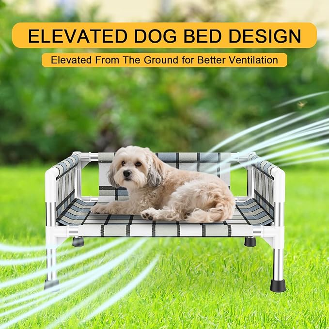 Elevated Dog Bed with with Guardrail, Raised 3-Fence Dog Hammock Bed | Breathable Lifted Stainless Steel Frame Dog Bed for Small Pets, Cooling Washable Dog Cot