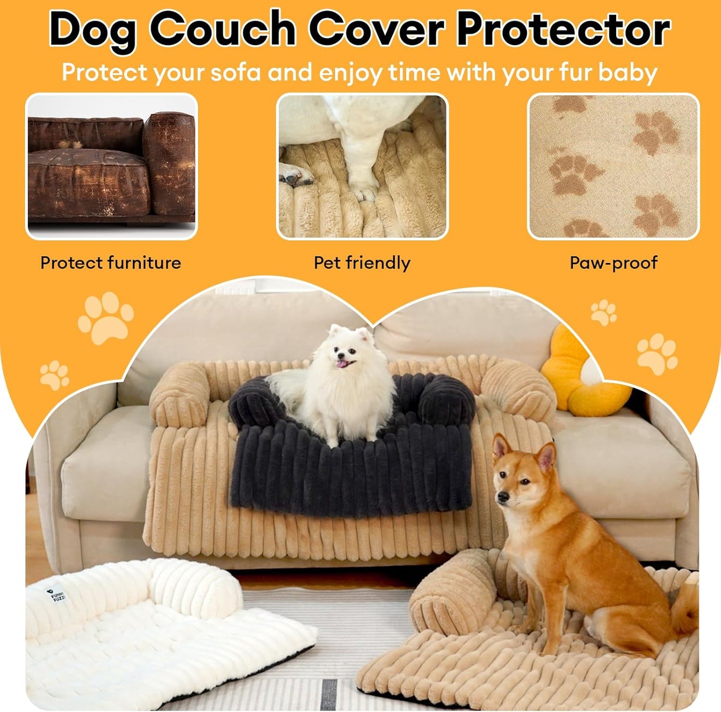 FUNNY FUZZY Pet Couch Cover for Sofa, Calming Dog Bed for Couch, Fluffy Plush Dog Couch Mat for Furniture Protector for Large Medium Small Dogs and Cats, Cream White